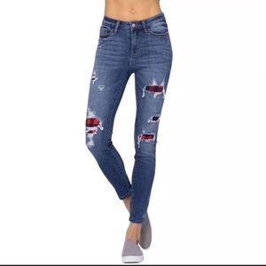 Judy Blue Buffalo Plaid Distressed Jeans Sz 7 28 Mid-Rise